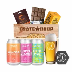 personalised craft beer gift with three beers, custom glass and coaster and food