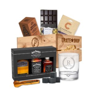 personalised jack daniels gift set with custom monogram glass, whisky stones and snacks