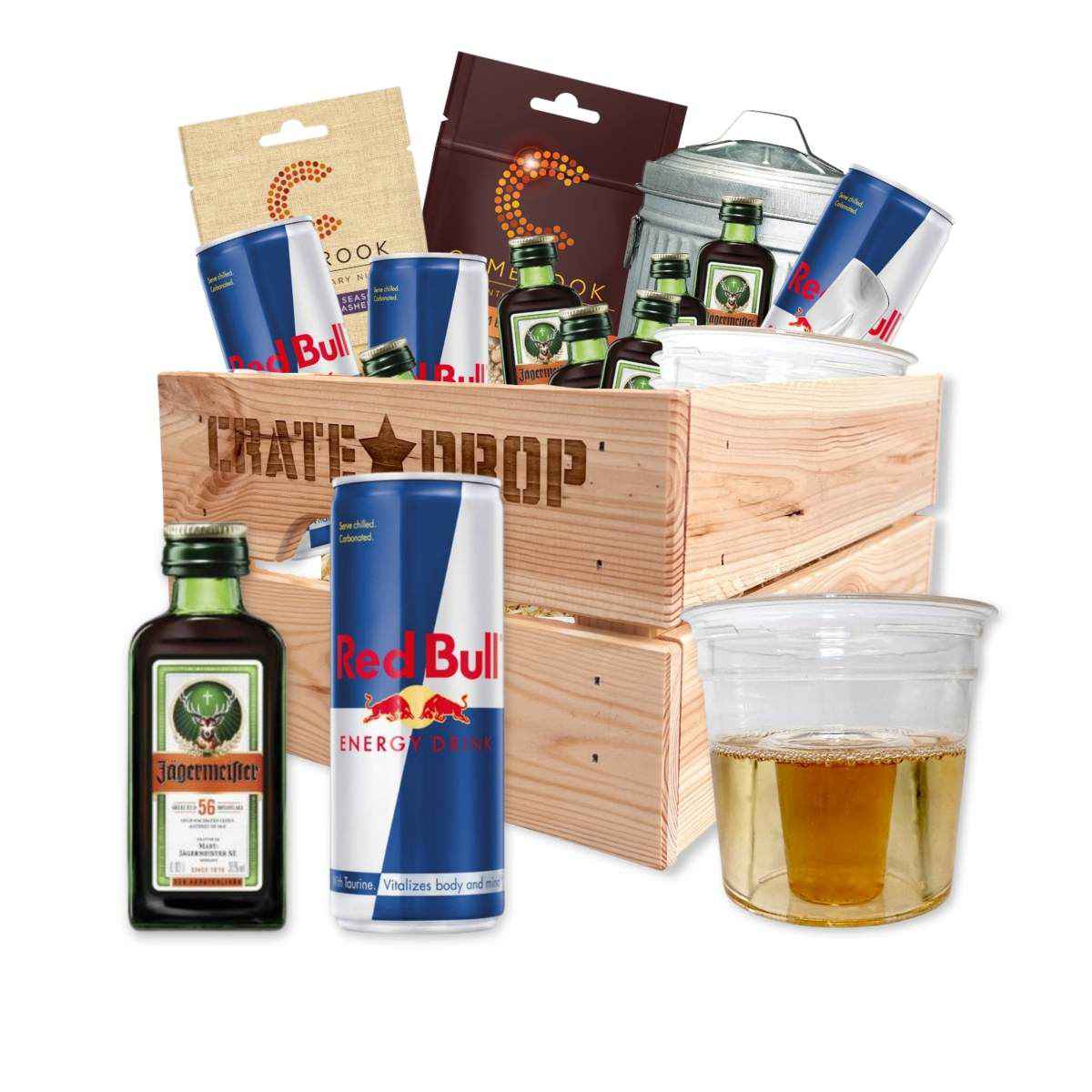 red bull and jagermeister gift set with snacks and cups in wood gift crate