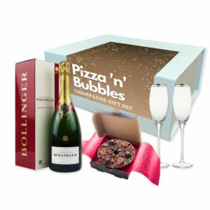 champagne gift set with 35cl bollinger brut, two platinum rimmed flutes and dark chocolate pizza in a light blue gift box