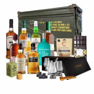 luxury whisky gift set in ammov box with glencairn glasses, snacks and a choice of whisky