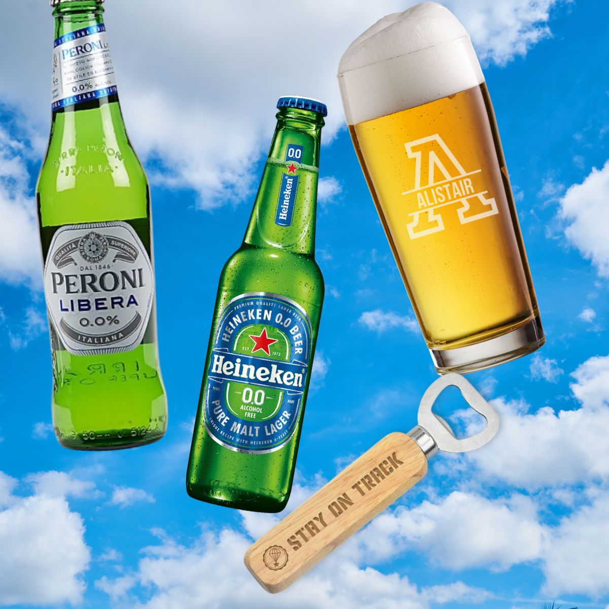 alcohol free beer dropping from the blue sky