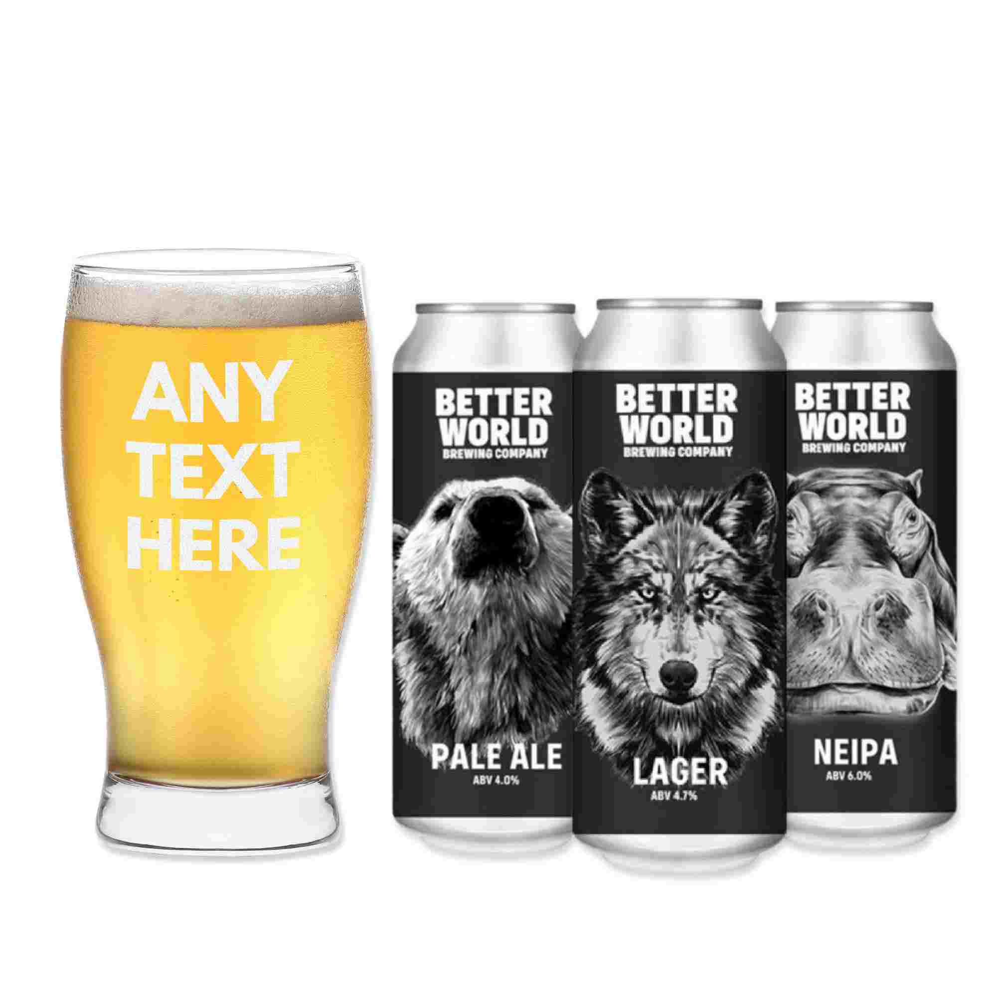 Personalised pint glass with 3 cans of better world beer