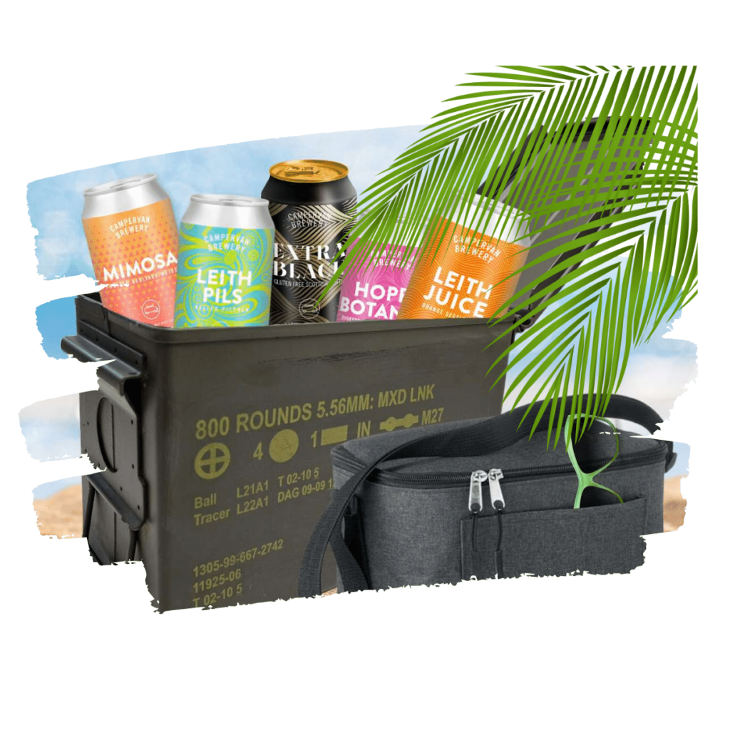 beer gift set on beach with palm tree above it