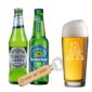 beers and opener with personalised glass on white background