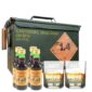 ammo can with buckfast bottles and shot glasses in front